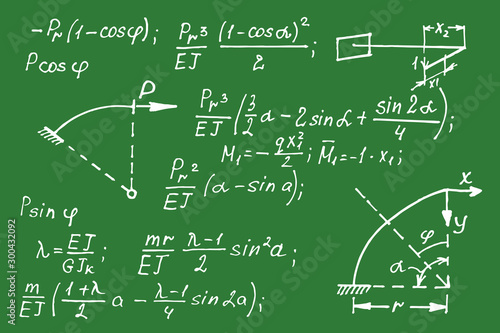 Maths equations on school board. Vector hand-drawn illustration. Education and scientific background.