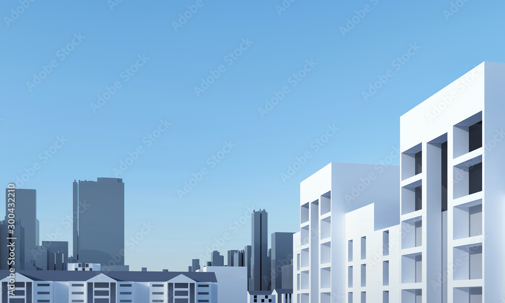 Rental housing and real estate. City Urban 3D panorama on blue sky. Render illustration. Apartment advertising promotion banner. Office business center environment. High-rise skyscrapers.