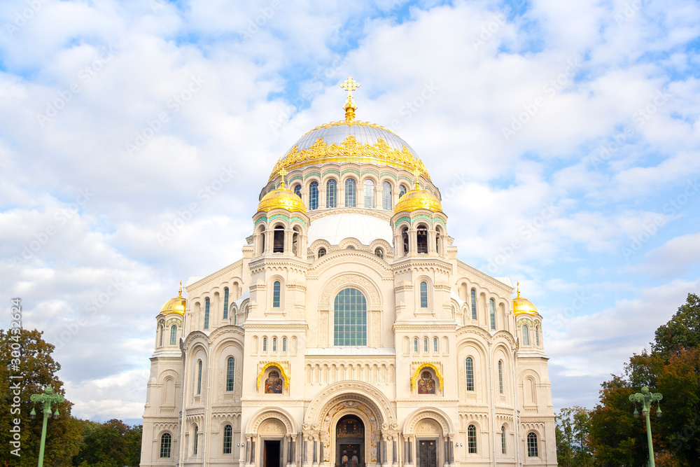Nicholas the wonderworker's church on Anchor square in kronstadt town Saint Petersburg. Naval christian cathedral church in russia with golden dome, unesco architecture at sunny day horyzontal
