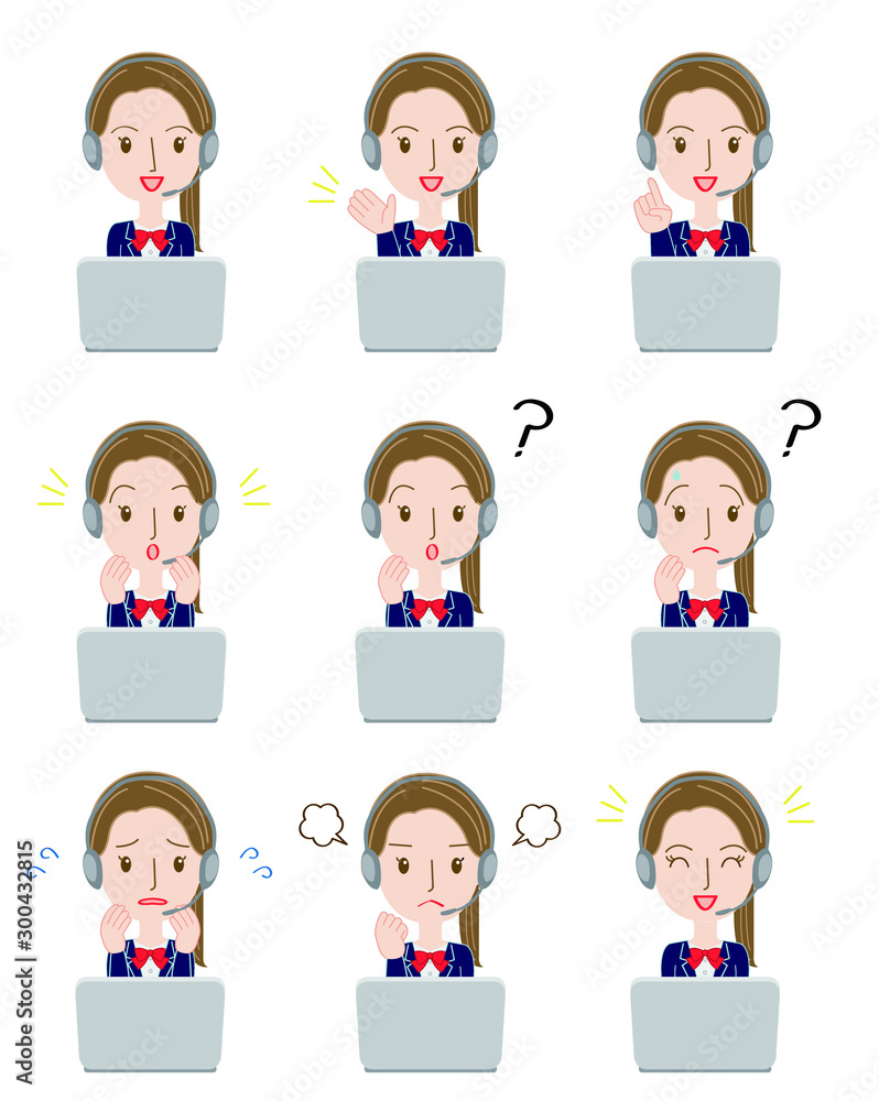 オンライン学習をする女子高校生のイラストセット オンライン学習をする女子高校生のイラストセット