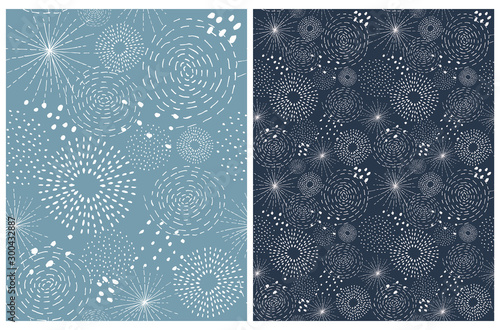 Abstract Fireworks Vector Patterns. White Hand Drawn Geometric Elements Isolated on a Pale Blue and Navy Blue Background. Simple Rough Print. Childish Endless Texture. Childlike Pattern.
