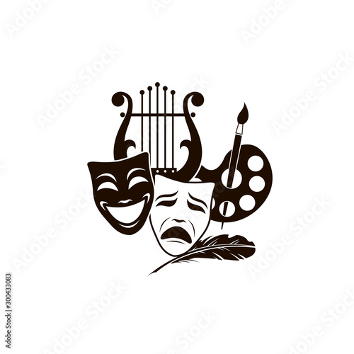 illustration of theatrical masks, lyre and palette isolated on white background
