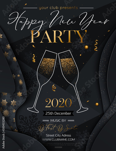 2020 Happy New Year Background. New Year Party Invitation with lettering text design and glasses of champagne. Vector illustration
