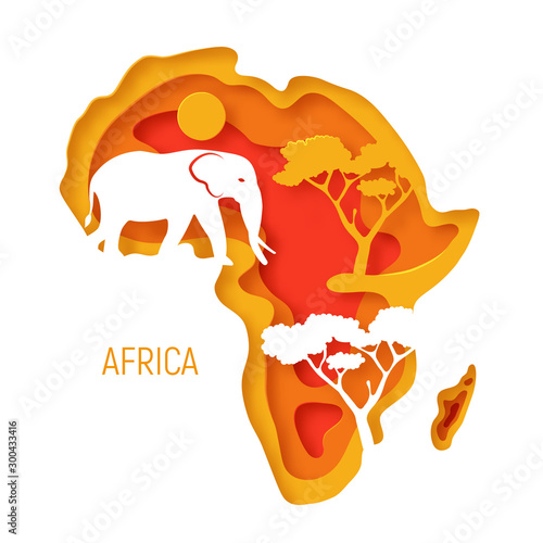 Africa. Decorative 3d paper cut map of Africa continent with elephant’s silhouette. 3d paper cut eco friendly design. Vector illustration