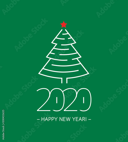 Happy New Year 2020 lettering with Christmas tree labyrinth. Greeting card for gifts, banners, tags, etc.