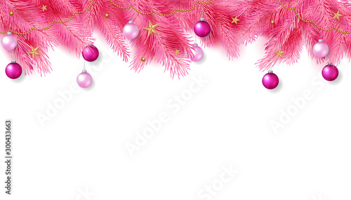 vector illustration of merry christmas or happy new years 2020 with colorful balls, gold stars and branches of spruce