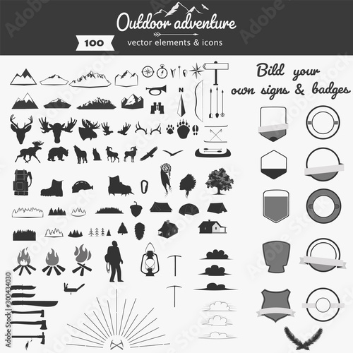 Set of vector outdoor adventure elements and icons for self build badges & signs