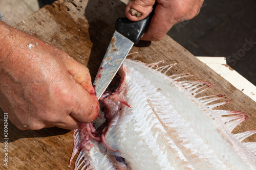 Fisherman cutting fillet on a common sole after fishing it in Brittany photo