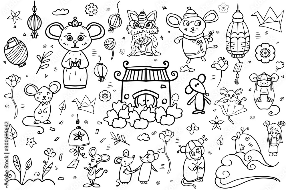 Symbol of the New Year 2020. Cartoon style. Coloring page or book for children adults. . - Vector. Vector illustration Symbol of the New Year 2020. Cartoon style. Coloring page or book for children adults. . - Vector. Vector illustration