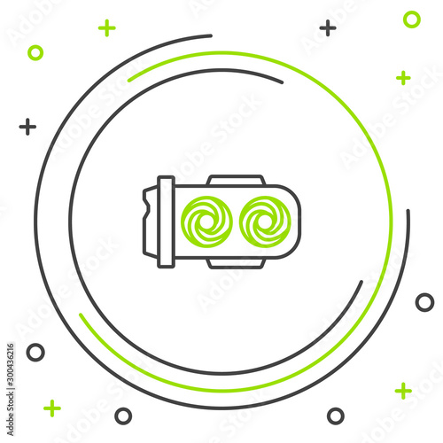 Black and green line Mining farm icon on white background. Cryptocurrency mining, blockchain technology, digital money market, cryptocoin wallet. Colorful outline concept. Vector Illustration
