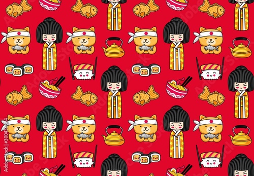 Red japanese seamless pattern with kokeshi dolls, sushi, ramen, shiba dog and taiyaki fish. Cartoon vector illustration.