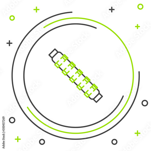 Black and green line Hunting cartridge belt with cartridges icon isolated on white background. Bandolier sign. Hunter equipment, armament. Colorful outline concept. Vector Illustration