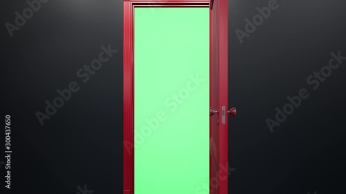 Red classic design door opening to green screen. Dark room with black walls, camera fly through. 3d 60 fps cgi animation.