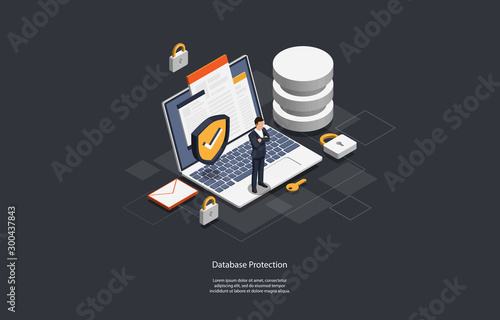 Isometric database protection concept. Server room rack, database security, shield server unit.