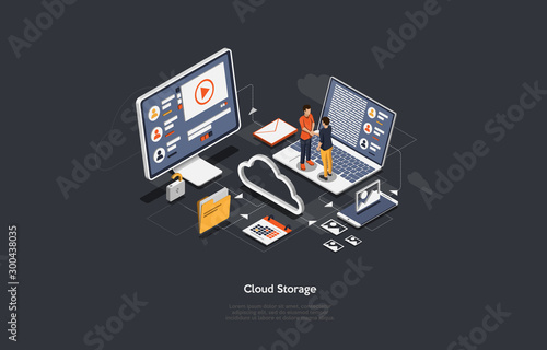 Isometric Cloud storage Concepts. Header for website with Computer.