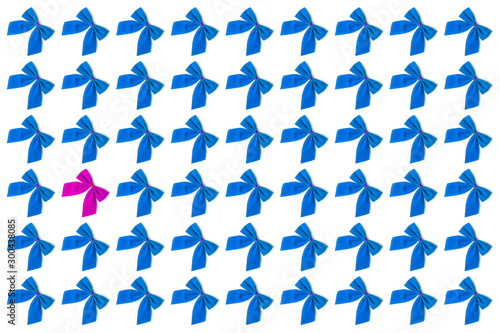 Blue bows, one pink on a white background, Christmas pattern, not like everything, unique, against the system.