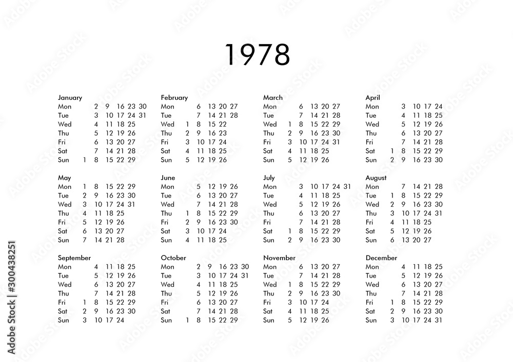 Calendar of year 1978 Stock Illustration | Adobe Stock