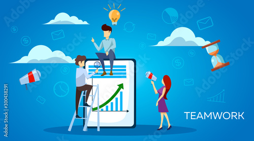 Business series teamwork concept. Little people characters make an online financial statement on the tablet.