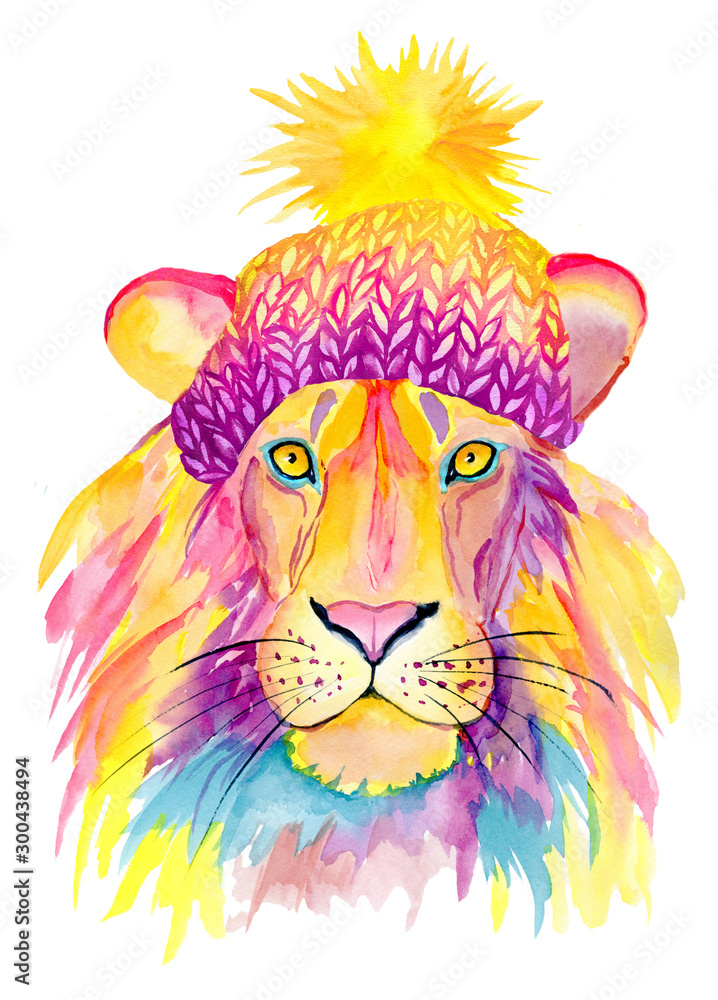 Obraz premium Watercolor lion in a knitted yellow hat isolated on white background. Hand painted animals illustration.
