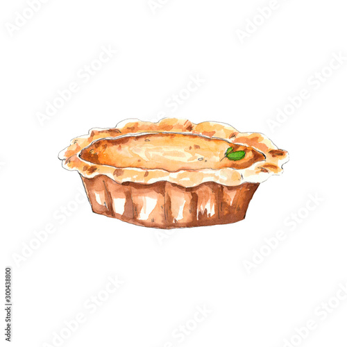 Watercolor clipart autumn pumpkin pie with a green leaf in a sketchy style. Hand drawn isolated on a white background.