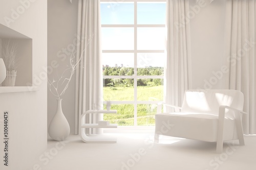 Fototapeta Naklejka Na Ścianę i Meble -  Mock up of stylish room in white color with armchair and green landscape in window. Scandinavian interior design. 3D illustration
