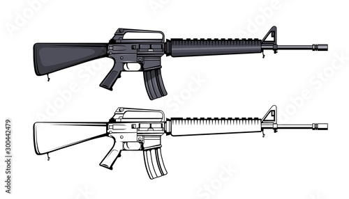 Rifle M 16. Firearms. Colorful image Set of Rifle M 16 legendary assault rifle. Firearms in combat. Assault Gun Wireframe. Machine guns. Assault rifles. Vector graphics to design.