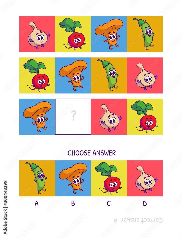 Fototapeta premium Cute garlic, radish, chanterelle, peas. Logic game for children preschool worksheet activity for kids, task for the development of logical thinking and mind. Funny cartoon fruits and vegetables.