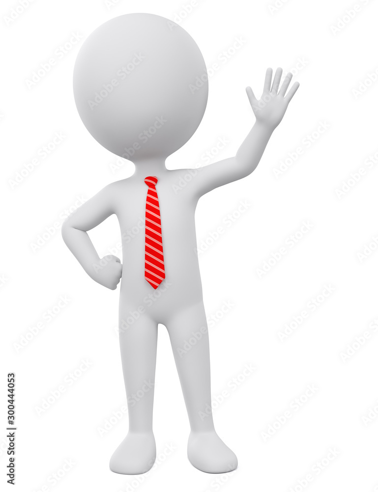 Character businessman in a red tie welcomes on a white background. 3d render illustration. Character businessman in a red tie welcomes on a white background. 3d render illustration.