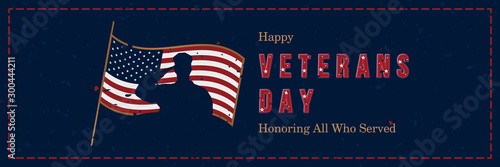 Happy Veterans Day. Retro greeting card with USA flag and silhouette of a soldier on the background. National American holiday event. Flat vector illustration EPS10