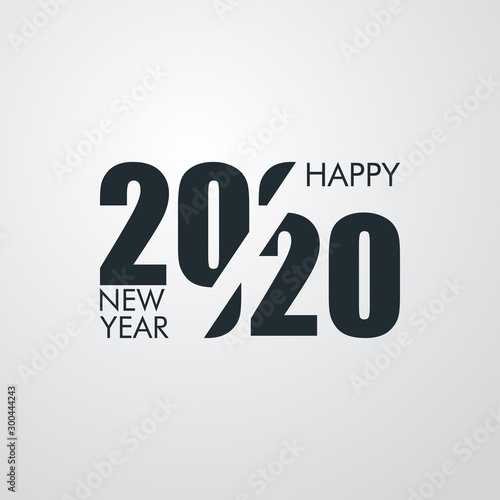 Logotipo con texto Happy New Year 2020 dividido en fondo gris