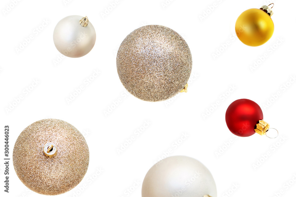 Fototapeta premium Christmas balls Pattern. Collection of Xmas baubles isolated on white background. Top view