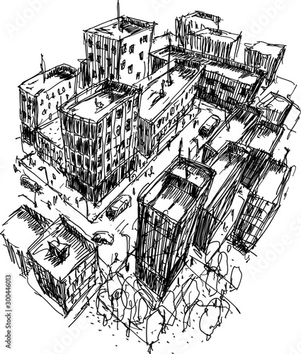 hand drawn architectural sketch of a modern city with high buildings and people in the streets