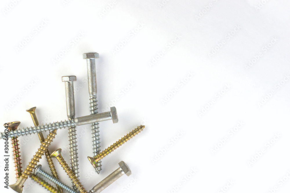  silver and gold screws on a white background located in the lower left corner of the image.Flat lay