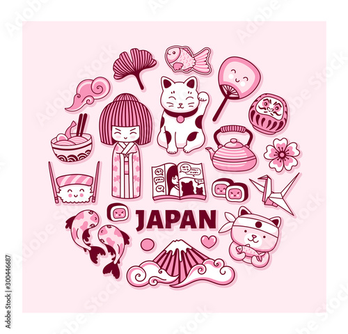 Travel to Japan. Concept for t-shirt, print, poster, wall art and postcard. Kokeshi doll, maneki-neko, carps, origami, fuji, sushi, manga, ginko leaf and taiyaki fish. Cartoon illustrations.