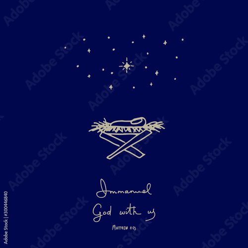 Simple modern freehand drawing, Christmas greeting card with newborn Jesus in manger, cradle and stars, and hand written Bible verse Immanuel God with us.