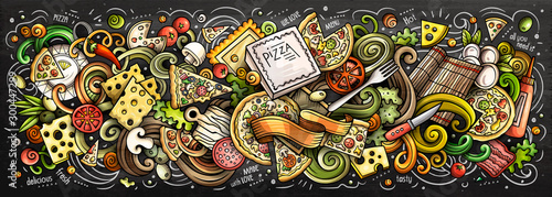 Fototapeta Pizzy ręka rysująca kreskówka doodles ilustrację. Transparent wektor kolorowy