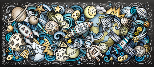Space hand drawn cartoon doodles illustration. Colorful vector banner © balabolka