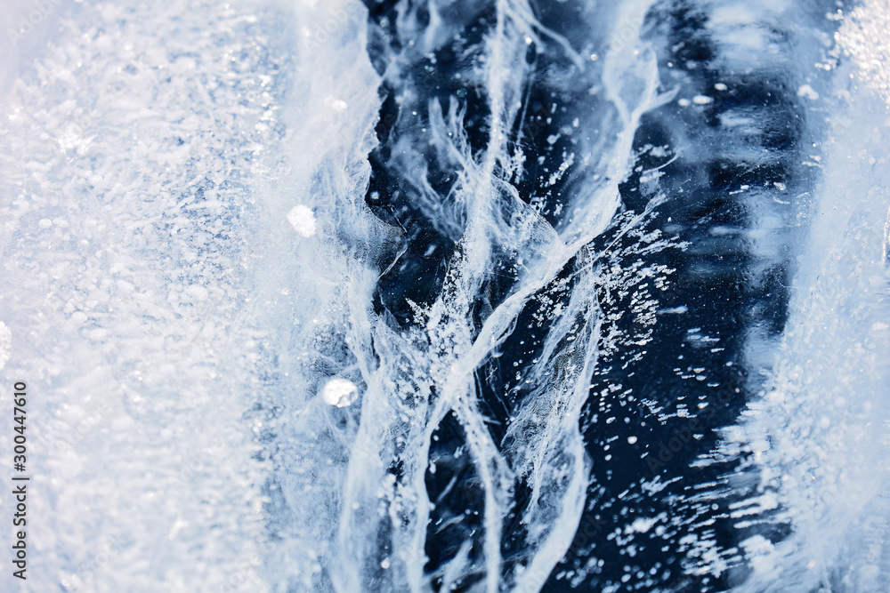 Texture of ice of Baikal lake in Siberia. blue lake ice. - obrazy, fototapety, plakaty 