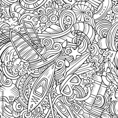 Cartoon cute doodles hand drawn water extreme sports seamless pattern.