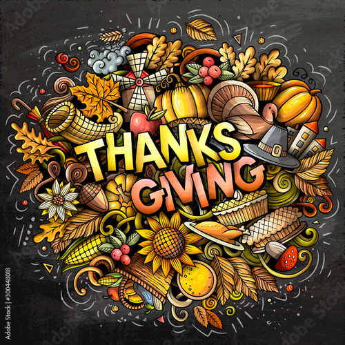Happy Thanksgiving hand drawn cartoon doodles illustration.