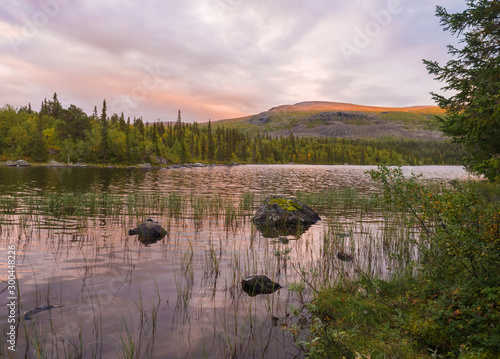 Orange pink sunset over lake Sjabatjakjaure in Parte in Sweden Lapland. Mountains, birch trees, spruce forest, rock boulders and grass. Sky, clouds and clear water.