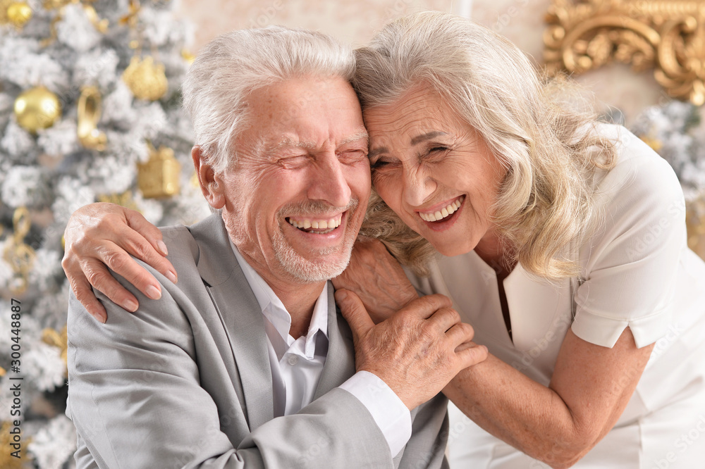 hugging senior couple with blurred Christmas decorations hugging senior couple with blurred Christmas decorations