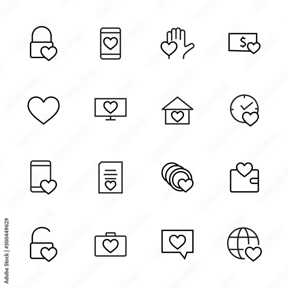 Fototapeta premium Friendship and love line icons. Interaction, mutual understanding and business promotion. Trust is love of home, and more, social responsibility icons. Linear set. Vector. Editable stroke. 480x480 pix