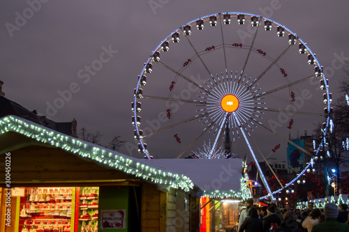 Night view of Christmas Ferris wheel in Brussels, Belgium on December 31, 2018.