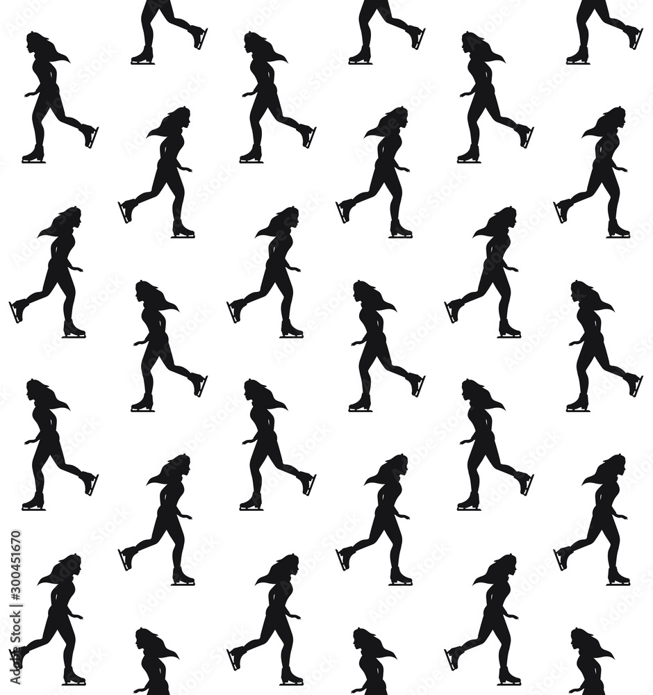 Vector seamless pattern of flat black young woman riding ice skates isolated on white background