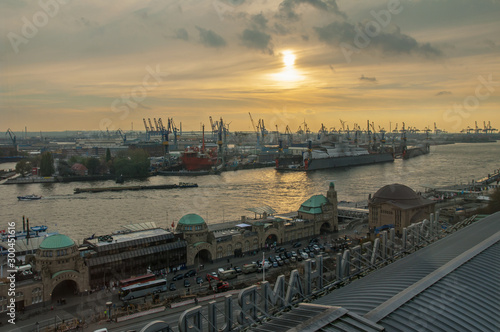 Famous harbour of Hamburg in the evening sunset