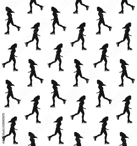 Vector seamless pattern of flat black young woman riding ice skates isolated on white background