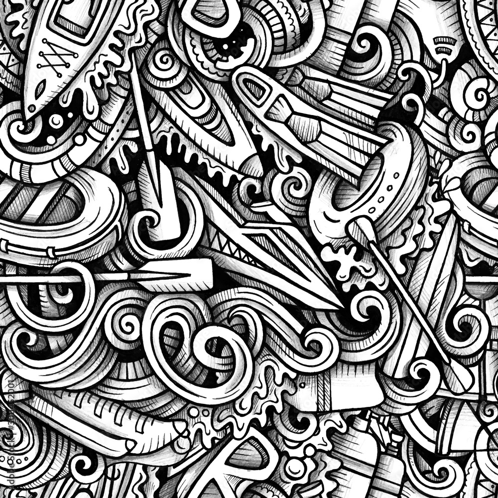 Water extreme sports vector hand drawn doodles seamless pattern.