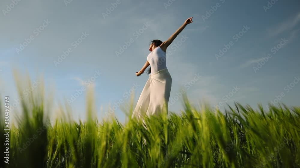Graceful lady in long chiffon skirt puts up hands showing ballet moves among endless wheat under clear sky slow motion Graceful lady in long chiffon skirt puts up hands showing ballet moves among endless wheat under clear sky slow motion