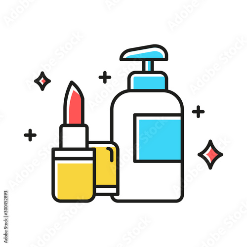 Beauty and personal care color icon. Makeup and skincare products. Lipstic, moisturizer. Decorative cosmetics concept. E commerce department, online shopping categories. Isolated vector illustration